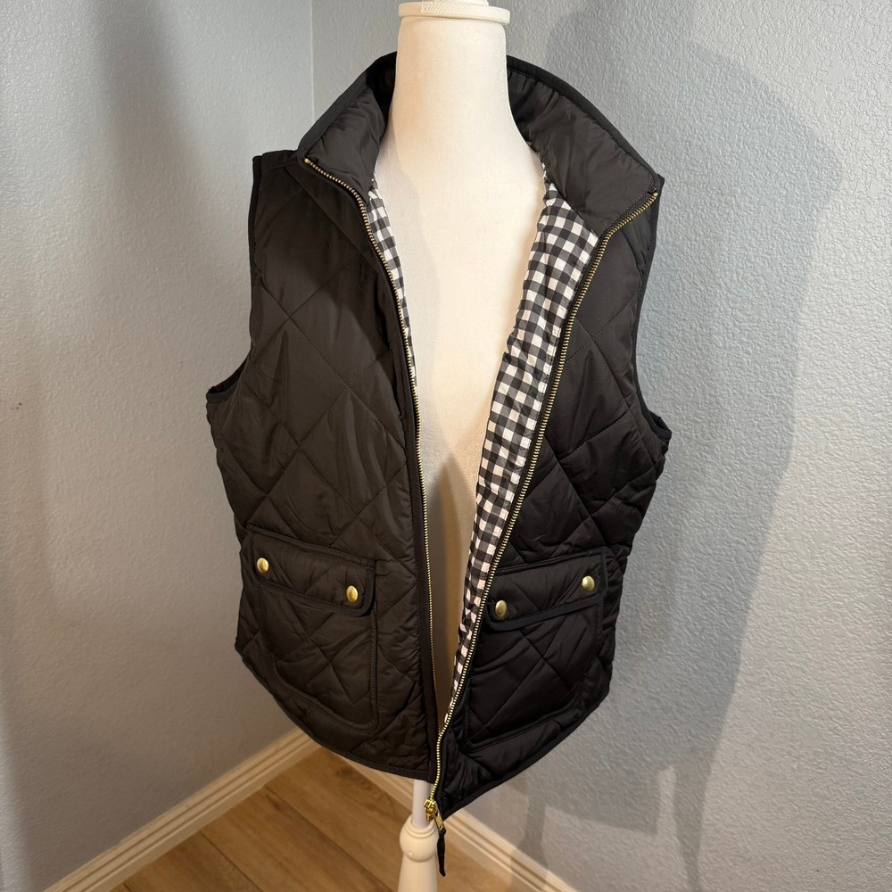 J Crew Quilted Vest Black Gingham Lining Womens Size L Fair Trade Certified